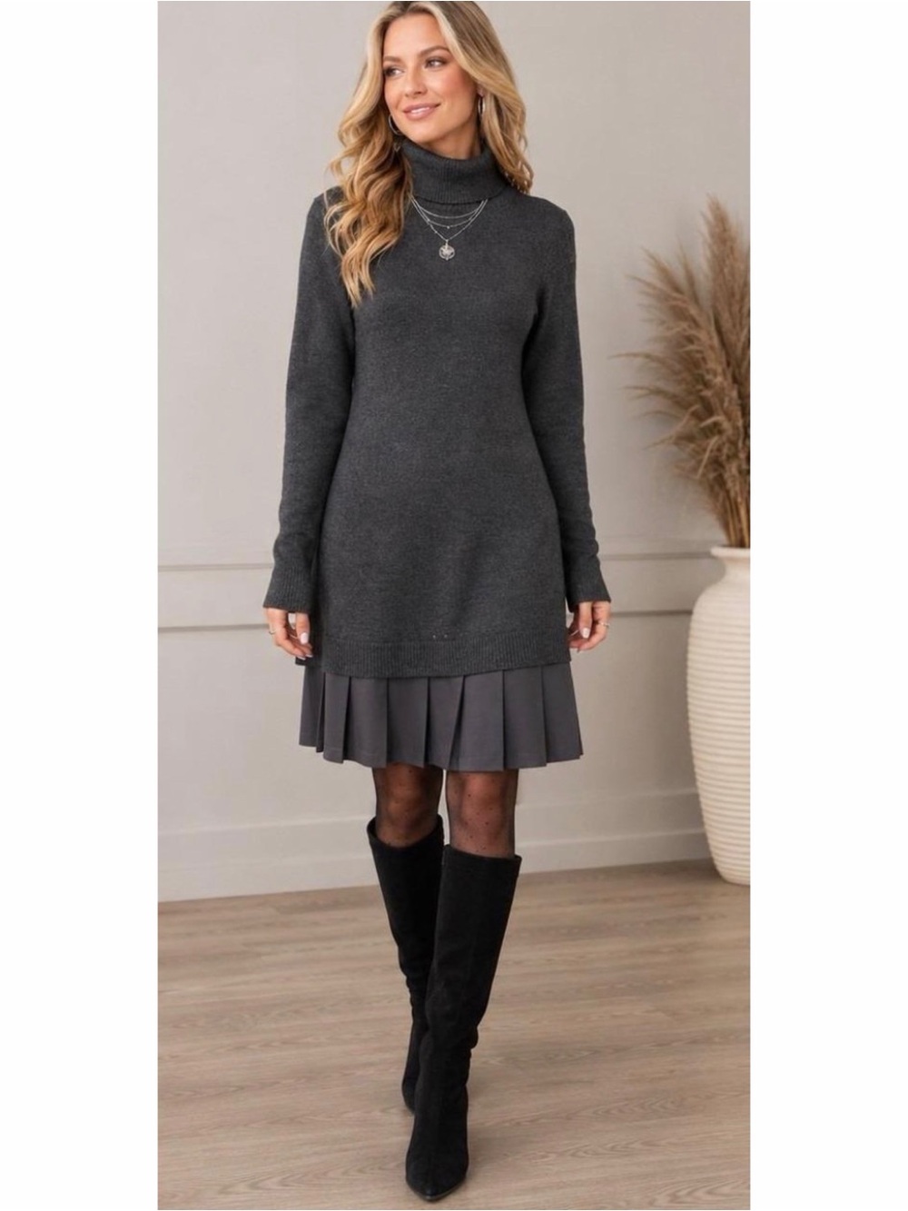Soft Surroundings Gray Turtleneck Pleated Chloe Sweater Dress